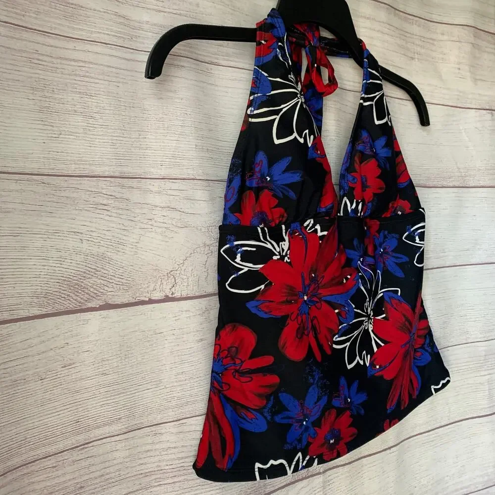 Catalina Floral Halter Tankini Swimsuit Top Red White Blue Size S (4-6)
